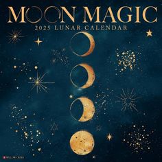 the moon magic calendar is shown in gold and blue with stars around it on a dark background