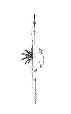 a black and white drawing of an arrow with arrows on the side, palm trees in the background