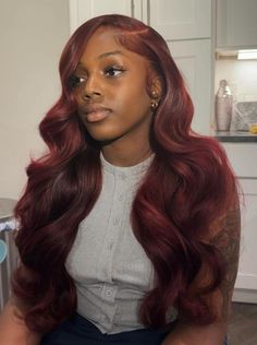 Deep Wave Frontal Wig Side Part, Burgundy Sew In, Ginger Sew In Weave, Colored Hair On Black Women, Colored Hairstyles, Dark Auburn Hair, Black Hairstyles With Weave, Weave Styles, Birthday Hair