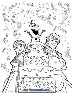 the frozen princess and her friends are standing in front of a cake that is decorated with bubbles