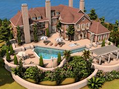 this is an artist's rendering of a large house with a pool in the front yard