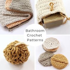 crochet patterns for bathroooms and toiletries are shown in four different colors