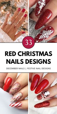 Get festive with these cute red Christmas nail designs! Find cute and elegant holiday nail ideas and designs, from red Christmas nails with snowflakes to candy cane patterns. Add to your board for holiday nails inspiration! December Red Nails, Red Nail Designs Christmas, Red Ombre Nail Designs, Red Winter Nail Designs, December Holiday Nails, Red Holiday Nail Designs, Christmas Nails With Snowflakes, December Nails Ideas, December Nails Christmas