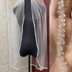 two pictures of wedding veils on mannequins