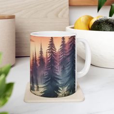 a coffee mug sitting on top of a counter