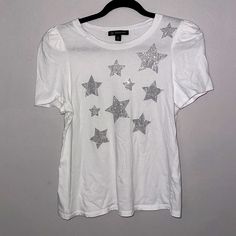 Inc Nwot Sparkling Stars Were Women’s Short Sleeve T-Shirt Spring Relaxed Fit T-shirt With Star Print, Relaxed Fit T-shirt With Star Print For Spring, White Relaxed Fit Top With Star Print, White Star Print T-shirt For Spring, Spring Graphic Tee With Star Print, White Star Print Short Sleeve Top, Sparkling Stars, Inc International Concepts, Colorful Shirts