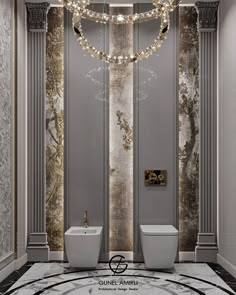 an elegant bathroom with marble flooring and wallpaper, along with a chandelier