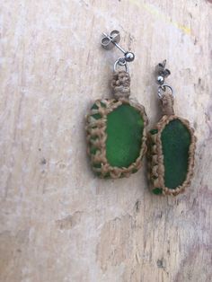 Beautiful paired green pieces of seaglass transformed into unique earrings. Made with a waterproof thread and macramé knot into lovely dangle earrings. drop length - 4cm including ear findings Seaglass Jewelry, Macrame Knot, Earrings Green, Earrings Drop, Earrings Boho, Boho Beach, Unique Earrings, Handmade Earrings