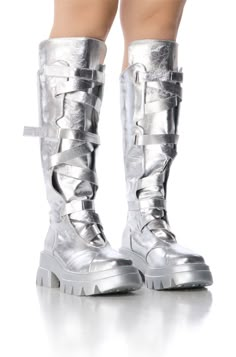 Tie Up Boots, Punk Rockstar, Silver Boots, Silver Tie, Alt Fashion, Long Blonde Hair, Leather Style, Chunky Heel