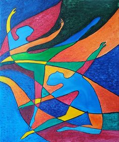 an abstract painting with many colors and shapes on it's surface, including the shape of a bird