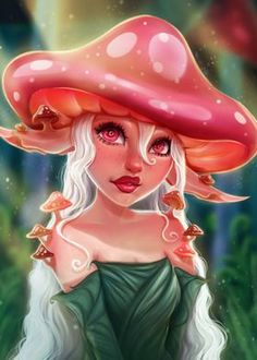 a painting of a woman with white hair wearing a red mushroom hat and green dress