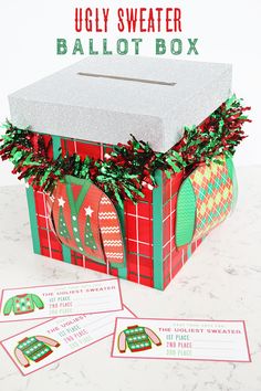 an ugly sweater gift box is shown with its contents