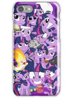 an iphone case with many different cartoon characters on the phone cover, all in purple