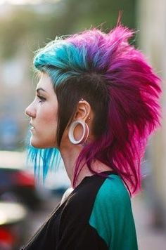 Blue, Purple, & Hot Pink Death Hawk Hair♡ #Hairstyle #Dyed_Hair #Beauty Pink And Blue Hair, Faux Hawk, Alternative Hair, Colorful Hair, Crazy Hair