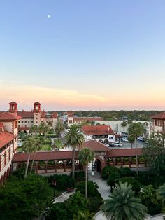 an aerial view of buildings and trees in the foreground, with palm trees on either side