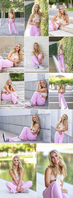 a woman sitting on the ground with her legs crossed and wearing pink pants, posing for pictures