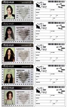 several id cards with pictures of people in the middle one has a heart on it