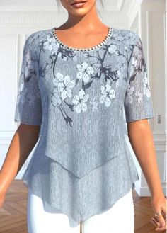 Color:Grey;Size:S;Size:M;Size:L;Size:XL;Size:XXL;Package Contents:1 X Blouse;Occasion:Other; Cheap Retro Yellow Blouse, Blouse Size Chart, Smart Tiles, Summer Tunics, Floral Print Design, Floral Print Tops, Feminine Look, Cotton Blouses, Amelie