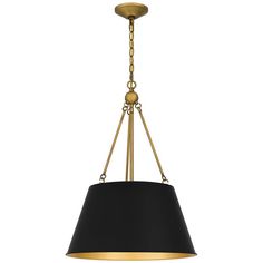 a black lamp hanging from the ceiling with a gold chain around it and a black shade