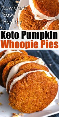 keto pumpkin whoopie pies on a white plate with text overlay