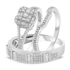 two white gold wedding rings with diamonds on each band and an emerald cut diamond in the middle