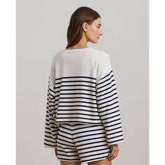 Reflecting the season’s nautical-inspired aesthetic this crewneck sweatshirt showcases horizontal stripes and a “Lauren Ralph Lauren 67”–embroidered logo at the chest. With a relaxed slightly cropped silhouette and dropped shoulders this layer is made with cotton French terry for a cozy feel. Long Sleeve Tops With Striped Cuffs For Loungewear, White Tops With Contrast Stripes For Loungewear, White Sweatshirt With Contrast Stripes For Spring, White Contrast Stripes Sweatshirt For Spring, Cotton Tops With Striped Hem For Loungewear, Striped Crew Neck Sweatshirt For Loungewear, Cotton Loungewear Tops With Striped Hem, Relaxed Fit Crew Neck Top With Striped Cuffs, Casual Sweatshirt With Signature Stripes And Crew Neck