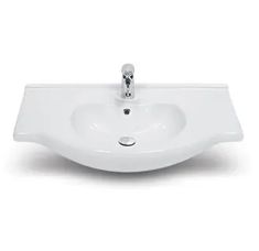 a white bathroom sink sitting on top of a counter