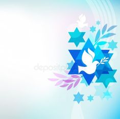 a blue and white background with stars, doves and leaves in the center on an abstract design