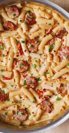 Creamy Mozzarella Penne Pasta with Smoked Sausage in a stainless steel pan. Creamy Mozzarella Pasta With Sausage, Beef Sausage Pasta Recipes, Smoked Sausage And Pasta Recipes, Smoked Beef Sausage Recipes, Creamy Mozzarella Pasta, Recipes With Smoked Sausage, Pasta With Smoked Sausage, Smoked Sausage Recipes Pasta