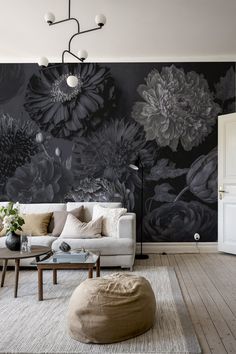 Image of a dark grey moody flowers wallpaper from Happywall Silver Grey Wallpaper, Black And Grey Wallpaper, Moody Flowers, Grey Floral Wallpaper, Gothic Flowers, Flower Mural, Peony Wallpaper, Make Your Own Wallpaper, Night Garden