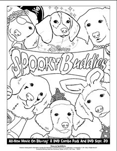 the spooky buddies coloring book is shown in black and white, with three puppies