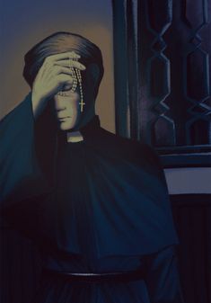 a painting of a nun holding her hands to her face