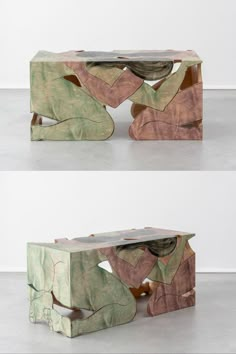 two different views of a bench made out of wood and paper with leaves on it