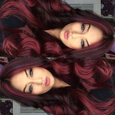 Hair Highlights Different Colors, Fun Dark Hair Color Ideas, Fun Red Hair Color Ideas, Dark Red Ombre Hair, Red Highlights On Dark Hair, Pelo Color Vino, Burgundy Hair, Ombre Hair Color