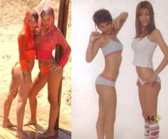 two women in bikinis posing for pictures next to each other