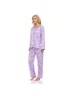 Purple Cute,Casual-Young Collar Long Sleeve  Geometric,Plants,All Over Print  Embellished   Women Sleep & Lounge Female Pajamas, Female Pants, Top With Pants, Sleepwear Women Pajamas, Pants And Top, Women Pajamas, Pajamas Set, Pajama Set Women, Kids Beachwear