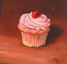 a painting of a cupcake with white frosting and a cherry on top