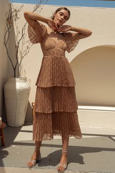 Ruffle tiers dress Bronze Midi Dress, Country Western Dresses With Boots, Desert Wedding Guest Dress, Plus Size Fall Wedding Guest Outfit, Country Western Dresses, Fall Midi Dress, Garden Wedding Dress Guest, Earth Wedding