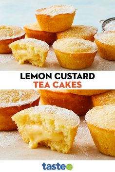 lemon custard tea cakes are stacked on top of each other