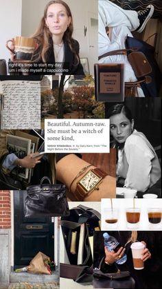 the collage shows many different pictures and words on it, including coffee mugs