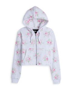 KatieJnyc Girls' Floral Crop Zip Hoodie - Big Kid Fitted White Hoodie For Spring, Fitted Spring Hoodie With Drawstring Hood, Fitted Hoodie With Drawstring For Spring, Spring Fitted Loungewear Sweatshirt, Trendy Fitted Spring Sweatshirt, Trendy Fitted Sweatshirt For Spring, Kids Part, Summer Floral, Big Kid