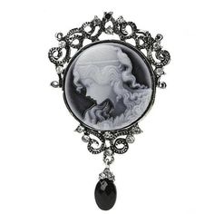 This is a very lovely and elegant vintage look gray and black Cameo brooch which has crystals and a black faux onyx drop at the bottom. The faux marcasite setting sets off the very pretty lady in this cameo.  Notice the onyx pear shape bottom.  The faux cameo lady is facing to the west.  Her hair and profile are beautiful. Of course, this is a faux cameo with faux marcasite and gemstones, but it is very attractive and I'm sure you will receive many compliments.  It is large enough to wear on a s Groom Lapel Pin, Antique Jewelry Victorian, Pink Day, Vintage Cameo, Cameo Brooch, Pin Pendant, Vintage Victorian, Pin Jewelry, Victorian Jewelry