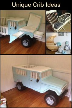 an old truck bed is transformed into a unique crib