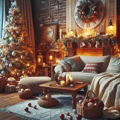 a living room filled with furniture and christmas decorations