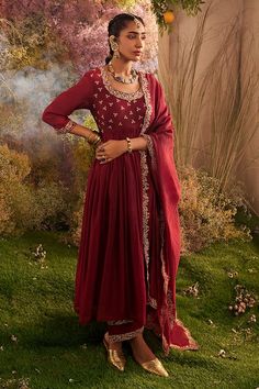 Maroon soft chanderi anarkali with hand embroidery on the yoke and sleeves. Paired with a palazzo with hand embroidery. - Aza Fashions Festive Resham Embroidered Anarkali Set, Festive Resham Embroidery Anarkali Set, Designer Semi-stitched Anarkali Set With Resham Embroidery, Chanderi Anarkali Set With Resham Embroidery, Designer Semi-stitched Resham Embroidered Anarkali Set, Anarkali Kurta With Resham Embroidery In Chinon, Chinon Anarkali Set For Reception With Straight Kurta, Designer Eid Anarkali Set With Resham Embroidery, Designer Chinon Anarkali Set With Straight Kurta