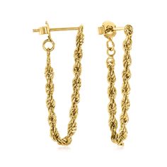 Ross-Simons - 18kt Gold Over Sterling Endless Rope Chain Drop Earrings. Crafted in polished 18kt yellow gold over sterling silver, these endless rope chain drop earrings are slinky and sophisticated! They bring a minimalist flair to your look in a chic style that's so easy and approachable to wear and pair. The rope chain attaches to the clutch for a chic, endless look from front to back. Hanging length is 1 1/4". Post/clutch, 18kt gold over sterling endless rope chain drop earrings. Yellow Gold Plated Chain Earrings, Gold Plated Yellow Gold Chain Earrings, Minimalist Yellow Gold Rope Chain Jewelry, Classic Gold Cable Chain Earrings, Yellow Gold Sterling Silver Jewelry With Rope Chain, Gold Sterling Silver Jewelry With Rope Chain, Gold Cable Chain Earrings, Yellow Gold Plated Earrings With Cable Chain, Classic Yellow Gold Earrings