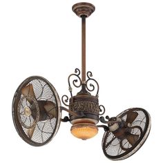 an old fashioned ceiling fan with two fans on the front and one light on the back