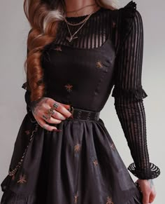 Catch the Insectarium Mini Dress & Mortmoth Necklace in Gold - with 20% off today only with code FRIDAY13 ✨️✨️  https://www.disturbia.co.uk/collections/womens-new  📸 @kllsym  #disturbiaclothing #disturbiacommunity #altfashion #gothicfashion #disturbiainsectariumdress Outfits With Corsets, The Mistletoe Motive, Black Lace Outfit, Woodland Fashion, Aurora Concert, Fashion Doodles, Alien Core, Occult Aesthetic, Woman Wardrobe