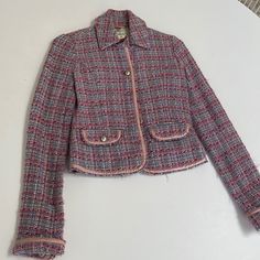 Vintage Abercrombie & Fitch Pink Tweed Blazer (Size Xs) Spring Plaid Tweed Jacket With Long Sleeves, Casual Fitted Pink Tweed Jacket, Casual Pink Fitted Tweed Jacket, Pink Tailored Tweed Jacket For Fall, Pink Long Sleeve Tweed Jacket For Fall, Spring Plaid Tweed Outerwear, Spring Plaid Tweed Jacket, Tailored Plaid Tweed Jacket For Spring, Spring Wool Tweed Jacket Fitted