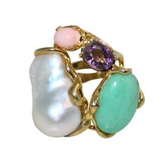 Italian Coral, Amethyst, Chrysoprase & Baroque Pearl Statment Ring - DIDAJ Pearl Amethyst, Rose Lavender, Repurposed Jewelry, Coral Stone, Ring Metal, Coral Color, Baroque Pearls, Pearl Ring, Bling Bling